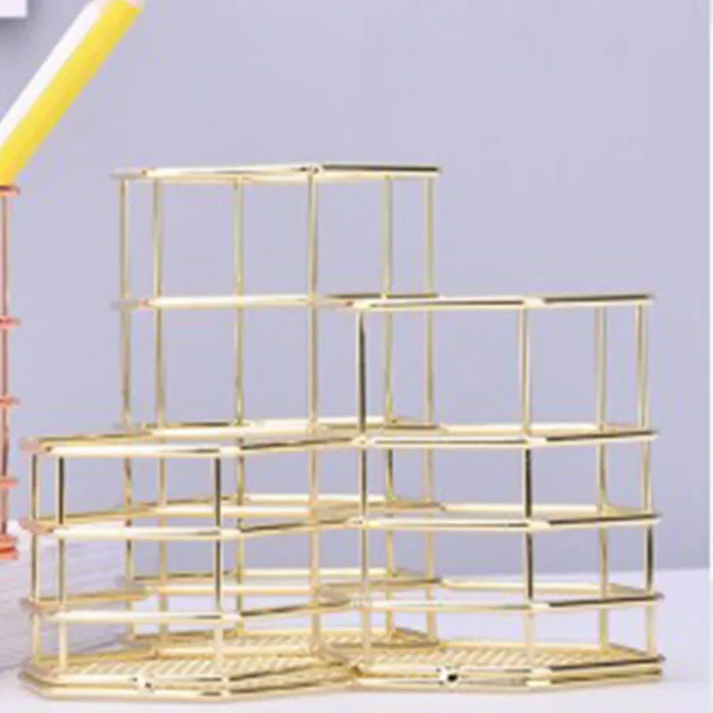 

Nordic Style Hexagon Gold Iron Pen Holder Metal Pencil Holder Desk Accessories Office Organizer School Stationery