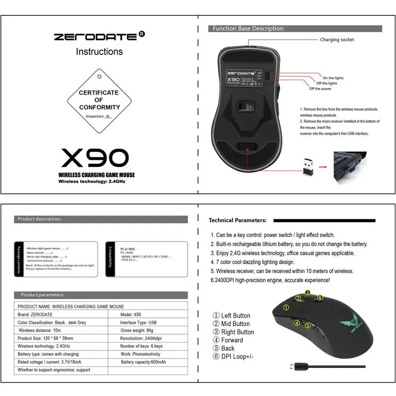 ZERODATE X90 USB 2,4 ГГц Беспроводная мышь красочная дышащая подсветка 2400 dpi оптическая компьютерная мышь геймер для ПК ноутбука