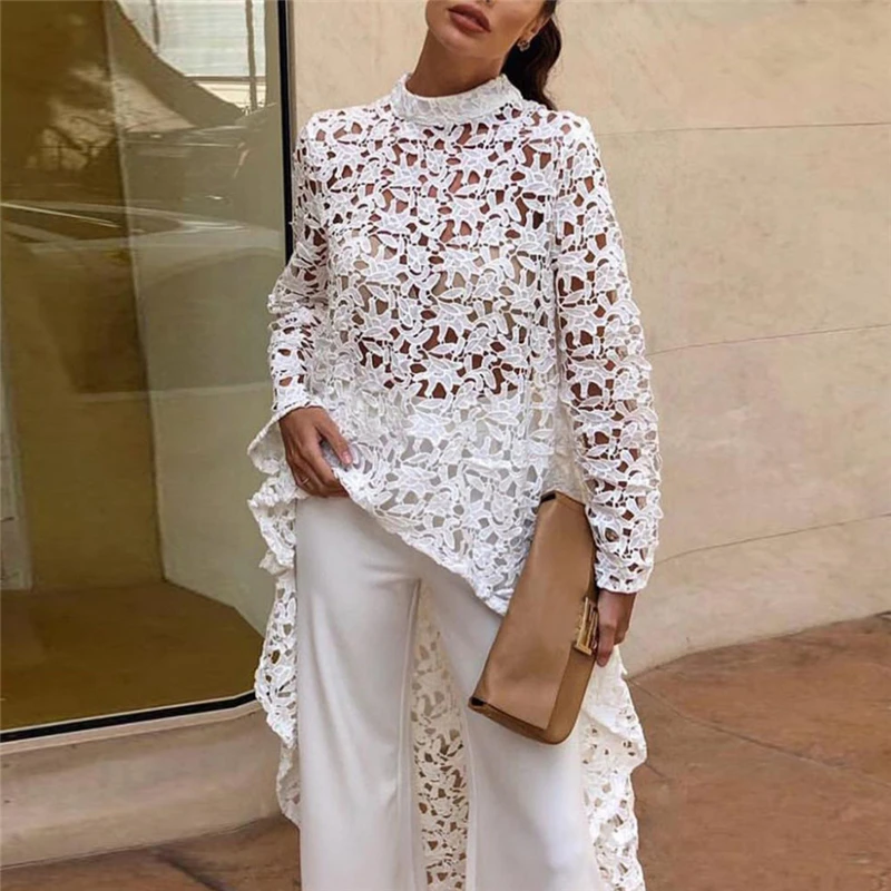 2019 Autumn Women Fashion Elegant Casual Patchwork flounced Dip Hem Top Crochet Irregular Hollow Out See Through Blouse |