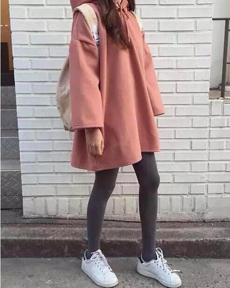 Fashion New Women Harajuku Style Loose Hoodies Females Long Solid Color Hooded Tops Womens Bf Korean Female Pullover Students - Цвет: pink