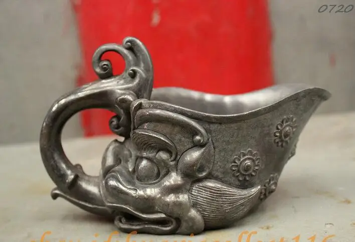 6 &quotотмеченный Китайский дворец чистая бронза Exorcise Голова Дракона Кубок Zun Rhyton