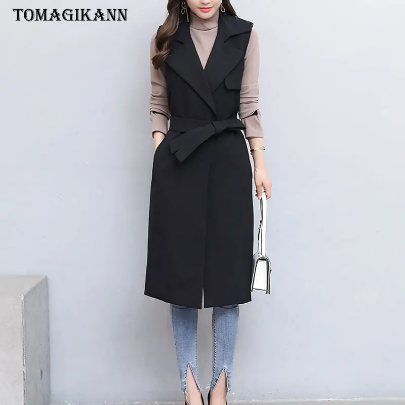 Черный женский длинный жилет топы твердые пояса скрытая кнопка без рукавов