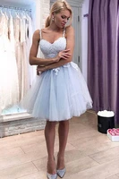 2022 homecoming dresses a line spaghetti straps knee length tulle appliques lace elegant cocktail dresses sky blue chic vestido