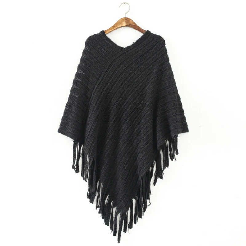 Женское Трикотажное пончо с V-образным вырезом и кисточками | Женская одежда