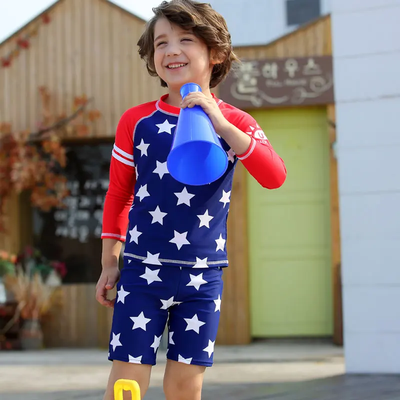 Vivo-Biniya Boys Rash Guard Swimsuit UV Protect Shirts Rashguard Tops+Trunks+Cap UPF 50+Blue Star Print Swimming Suit Kids |
