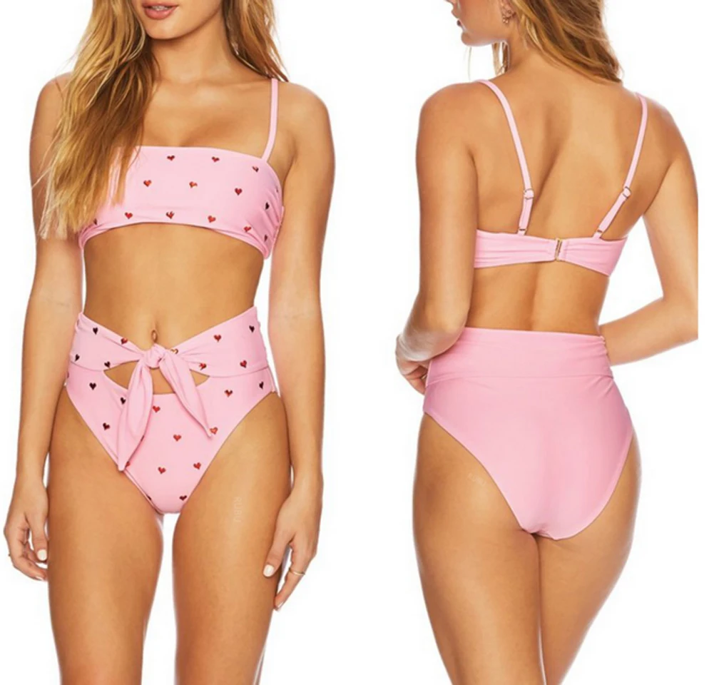 Комплект бикини женский летний с высокой талией пуш-ап принтом в виде сердца |