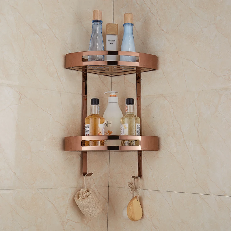 Triangle Bathroom Shelves Double Layer Stainless Steel Rose Gold Corner Shower Shampoo Cosmetic Storage Shelf Products | Обустройство