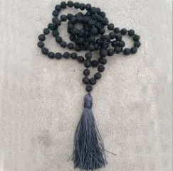 As Pic Show Традиционное ожерелье ручной работы Collier Femme 8 мм черная лава серая кисточка Mala ожерелье 108 бисера медитационная Йога ювелирные изделия - Окраска металла: As Pic Show