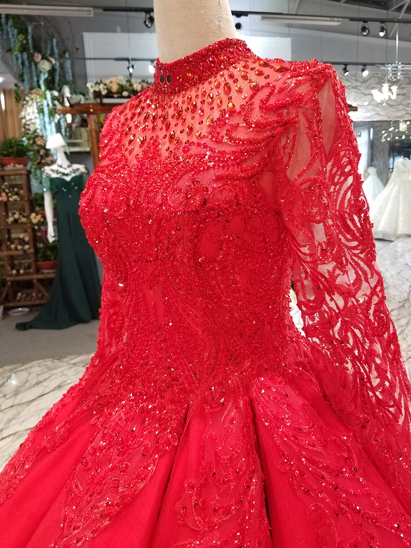 LS64440 красный мусульманский пушистый старинный вечернее платье с длинным рукавом