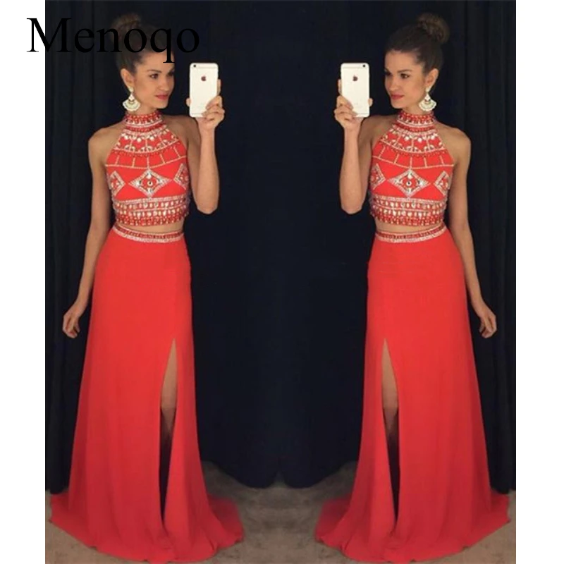 123013 Вт Vestidos De Fiesta модные Средства ухода за кожей Шеи пол Длина Кристалл бисера Разделение Вечерние платья Красный две части Выпускные платья