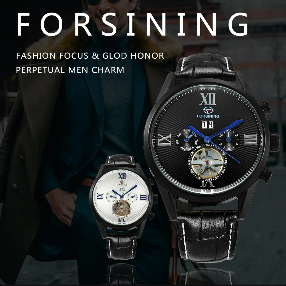 FORSINING Fashion Vintage Tourbillon Auto Mechanical Watch Men Top Brand Luxury Black Leather Strap Date Display Wristwatches | Наручные