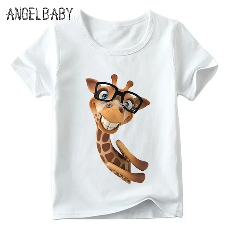 

Children Funny Giraffe Cartoon Design T shirt Boys and Girls Summer Short Sleeve Tops Kids Soft White T-shirt,ooo2159