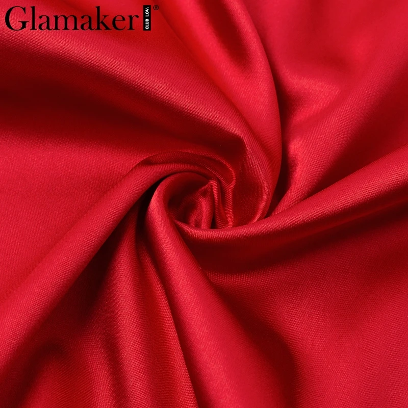 Glamaker Красная атласная выдалбливают Топ Футболка Топ женский рюшами пикантные Длинные рукава вечерние рубашка Для женщин рубашки Весна сетки объединить футболка