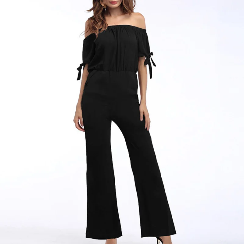 Женский шифоновый комбинезон элегантный черный с открытыми плечами и длинными