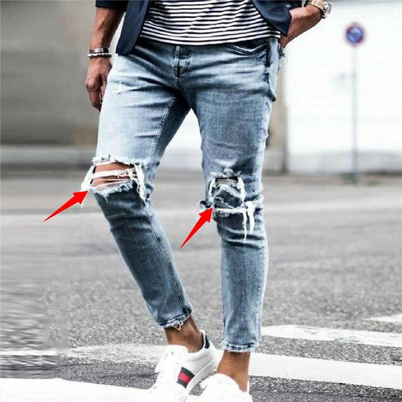 

Mens Solid Color Jeans 2019 New Fashion Slim Pencil Pants Sexy Casual Hole Ripped Design Streetwear Denim Trousers