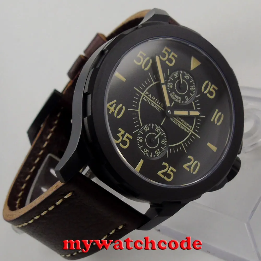 

44 мм Parnis черный циферблат сапфировое стекло PVD ST 2542 автоматические мужские часы 772