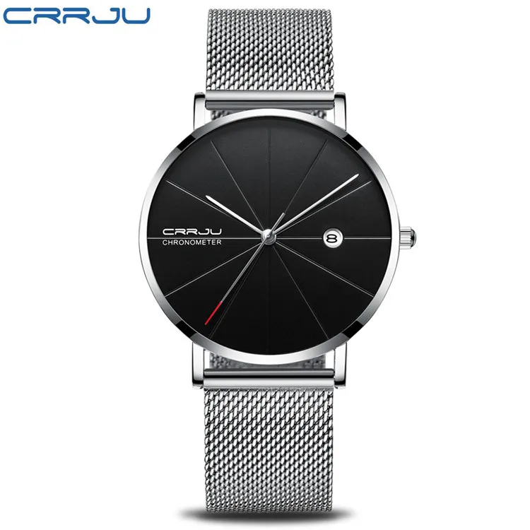 silver black Relogio Masculino CRRJU Топ люксовый бренд аналоговые спортивные наручные часы дисплей Дата Мужские кварцевые часы бизнес часы мужские часы - Цвет: silver black
