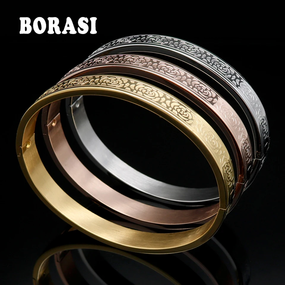

Rose Pattern Bangle Fashion Gold Color Eternity Love Carving Bracelet Gold Bangle Female Models Buckle Brand Jewelry For Women