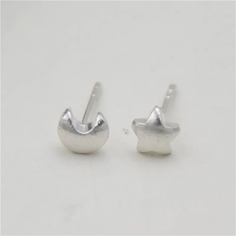 

JINSE S925 Sterling Silver Vintage Star Moon Stud Earrings Handmade Thai Silver Women Jewelry 5*5mm 5.5*4.5mm WTS004