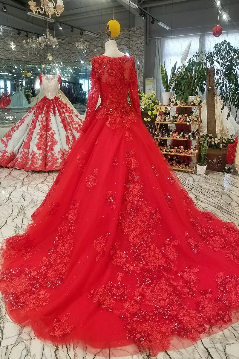 Red Lace Tulle Crystals Prom Dresses 2018 Long Sleeves O Neck Sequins Sexy Princess Gowns Formal Party | Свадьбы и торжества