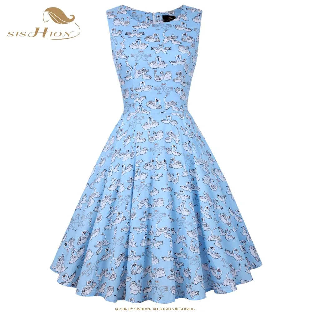 Женское винтажное платье в полоску SISHION голубое Хлопковое стиле 50-х годов Туника