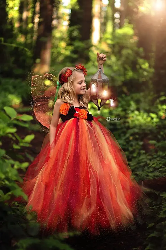 Cute Girls Orange Fairy Tutu Dress Kids Halloween Tulle Ball Gown with Butterfly Wing Children Cosplay Costume Party | Детская одежда и