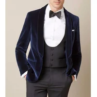 Navy Blue Velvet Prom Men Suits 3 Piece Dinner Blazer with Black Pants Vest Shawl Lapel Wedding Groom Tuxedo Male Fashion