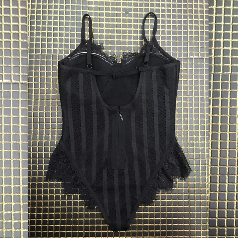 Summer New Fashion Sexy Black Women Bodysuit Spaghetti Strap 2018 Bandage Elegant Swimwear Mesh Backless Hollow Out  Sandy beach