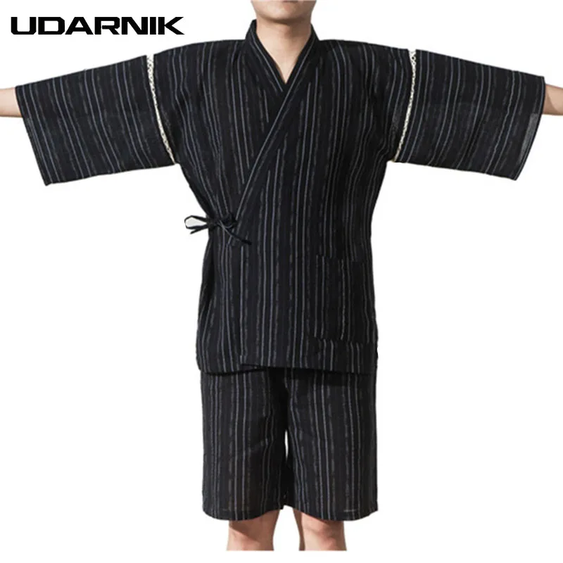 

Men Japan Style Pyjama Sets Yukata Kimono Nightwear Half Sleeve V-neck Tops Shorts Striped Sleepwear Pajama Homme 226-117