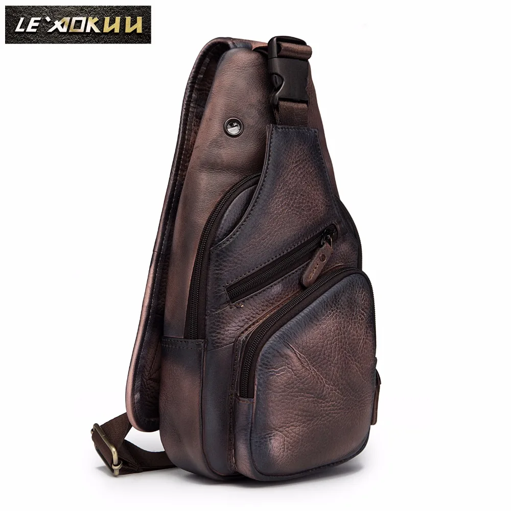 

Men Original Crazy horse Leather Casual Fashion Crossbody Chest Sling Bag Design Travel One Shoulder Bag Daypack Male 8015-db