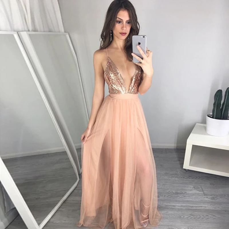 2018 Новая мода блесток платье для женщин Sexy Глубокий V средства ухода за кожей шеи