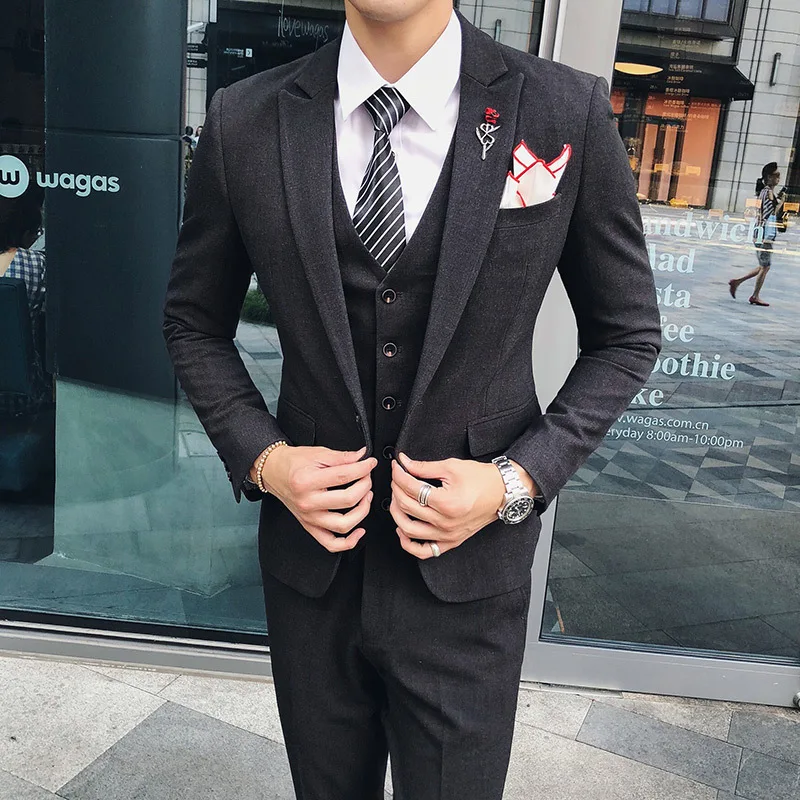

Spring and Autumn Men's 3 Pieces Suit Elegant Solid Slim Fit Single Breasted Wedding Groom Dress Casual Suit Male