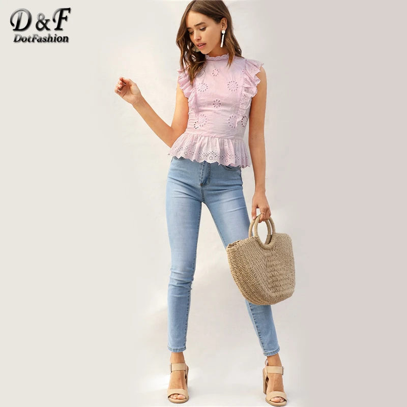 Dotfashion/розовые женские летние топы с рюшами, вышивкой и баской; коллекция года; летняя облегающая блузка без рукавов в Корейском стиле