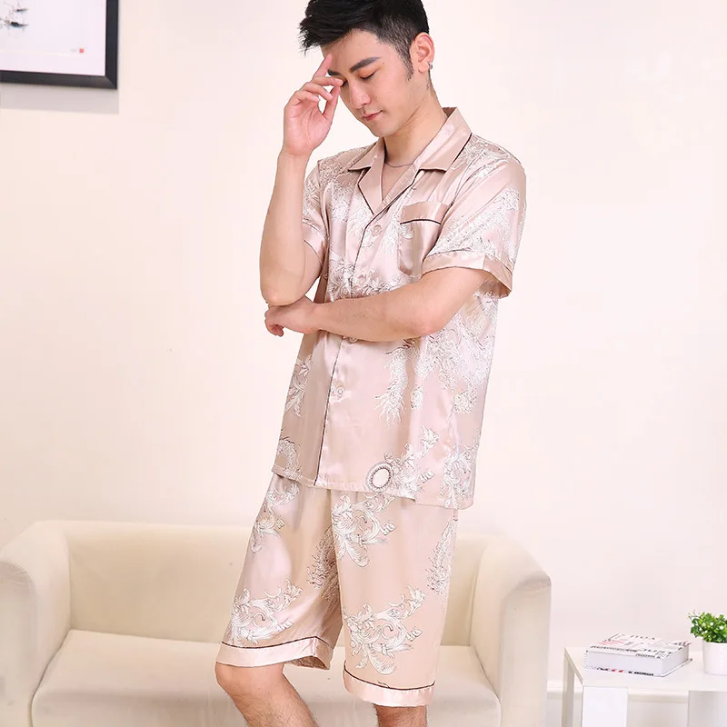 men summer luxury Silk like Pajamas Sets Two Pieces Male Sleepwear short sleeve shirts + pants prints Home Clothing | Мужская одежда