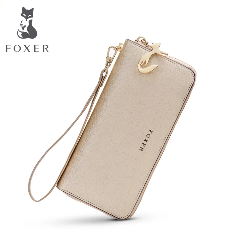 FOXER женские длинные кошельки из спилка, женский клатч, модный держатель для карт, Роскошный кошелек для мобильного телефона, Женский кошелек на молнии