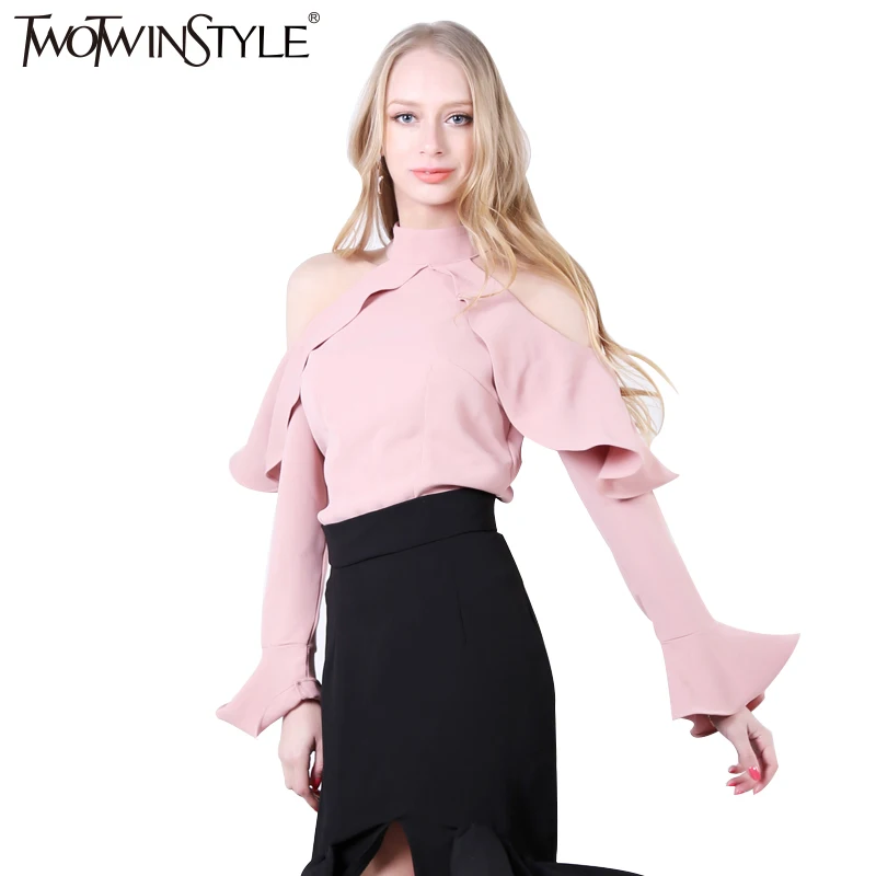 Twotwinstyle 2017 Для женщин Холтер с плеча шифон блузка рубашка оборками Flare длинным