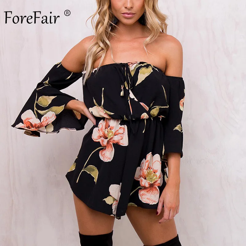ForeFair летний цветочный принт эластичный пояс шифоновый комбинезон женский осенний с расклешенными рукавами сексуальный Детский комбинезон без бретелек Комбинезоны для женщин - Цвет: Black Romper