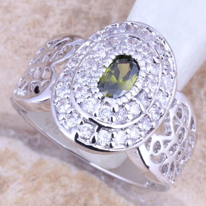 Блестящее зеленое перидотовое белое CZ серебряное покрытие женское кольцо размера 6/7 8 9 R1313.