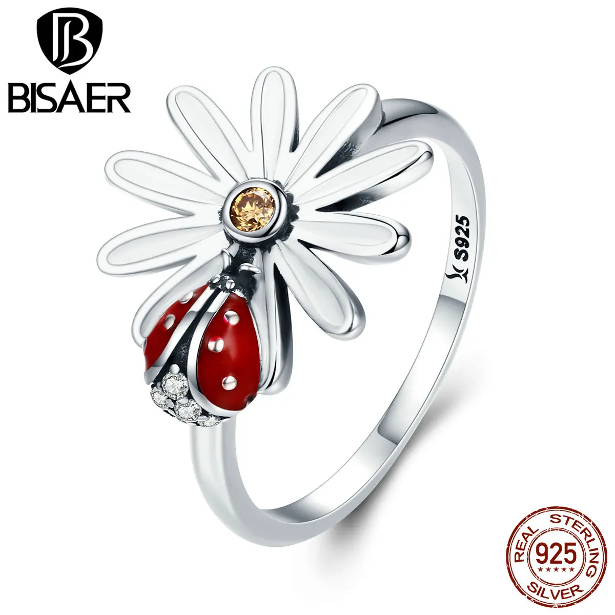 BISAER Анель 925 пробы серебро Femme Божья коровка в Дейзи цветок сад кольца для Для женщин Серебряное кольцо Ювелирное Украшение GXR284