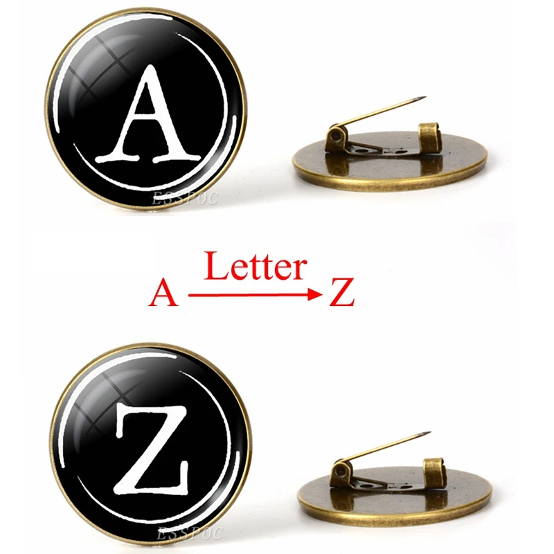 

26 Letters Brooch Personality Team Name A-Z Letter Bronze Brooch Badge Glass Cabochon Dome Men Women Jewelry Birthday Gifts