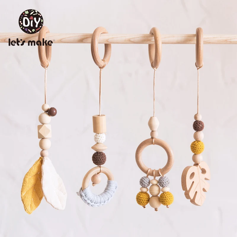 Let's Make Baby Toys 1set/4pcs Play Gym Wooden Beads Beech leaf Pendant Teething Nursing Stroller 0-12 Months Baby Rattle Toys