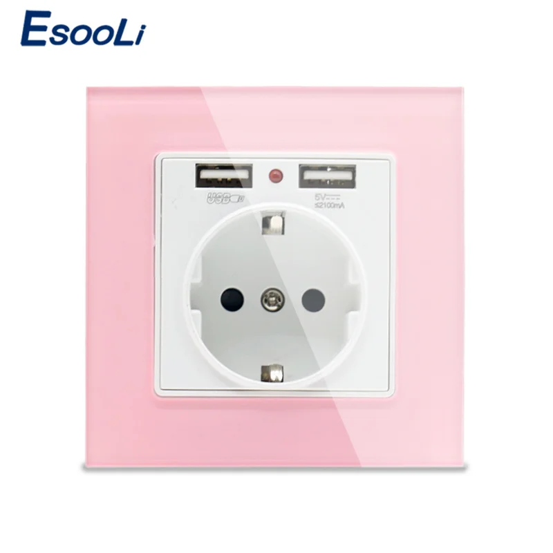 Розетка стеновая Esooli стеклянная с двумя USB-портами 2 1 А 16 | Обустройство дома