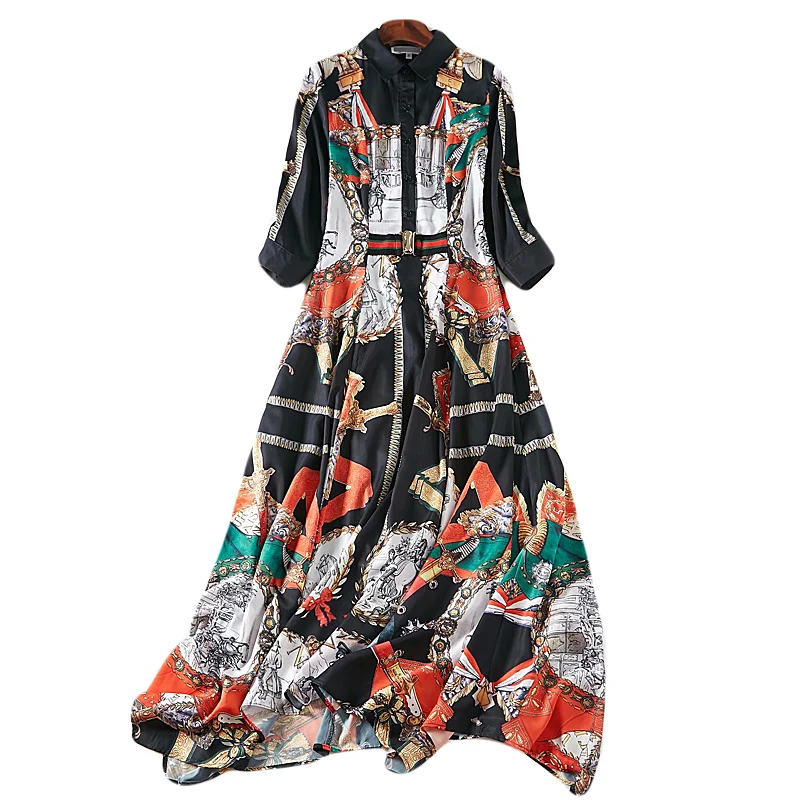 Шифоновое платье рубашка XF в богемном стиле с принтом орла ретро и поясом Новинка