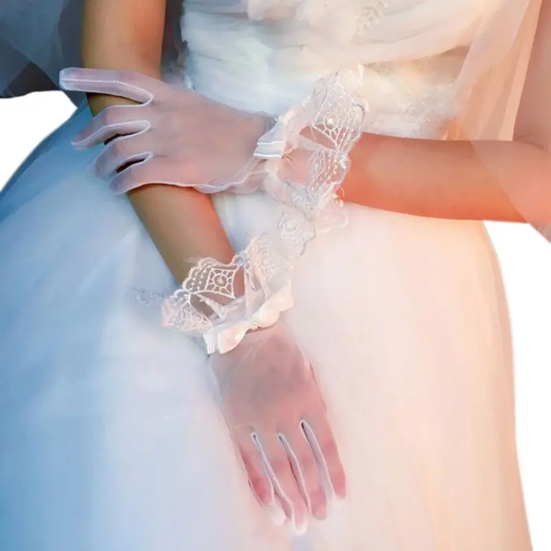 

Women Bridal See Through Full Fingered Short Gloves White Wrist Length Scalloped Geometric Lace Trim Bowknot Decor Wedding Party