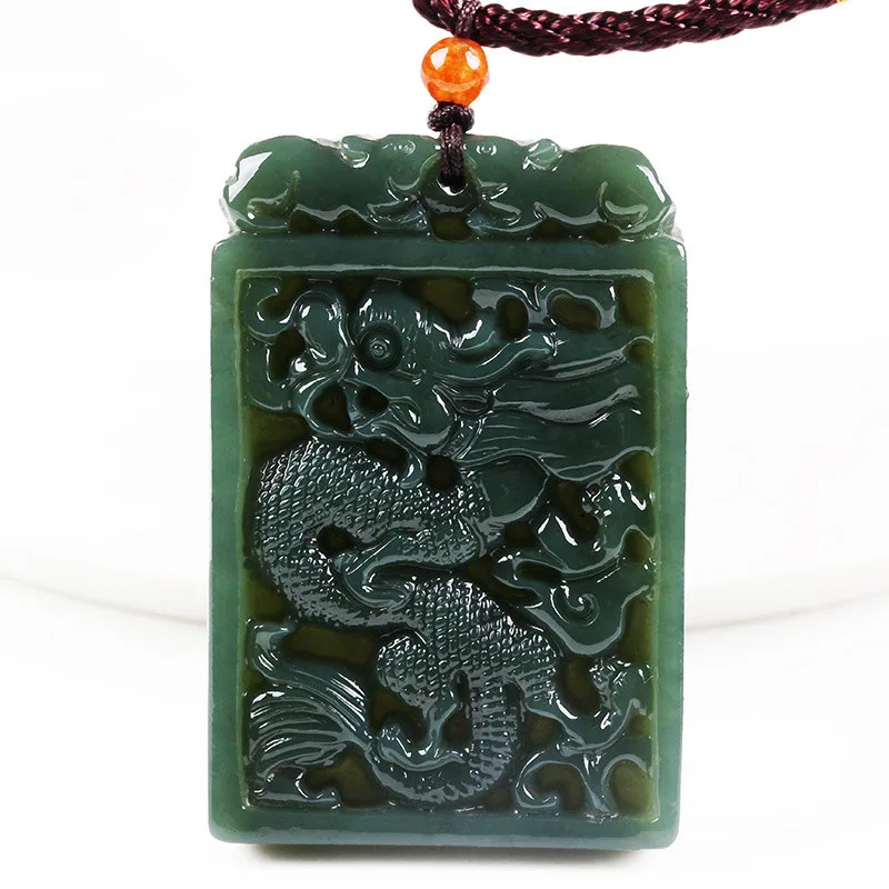 Натуральный темно-зеленый нефритовый кулон из нефрита резной китайский дракон