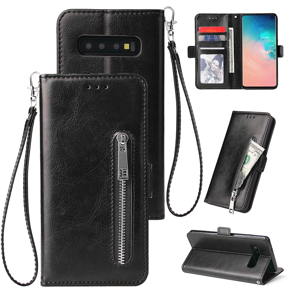 Кожаный чехол бумажник на молнии для Samsung Note 10 Plus S8 S9 S10 S10e 8 9 J4 J6 A750 A9 A10 30 A40 A50