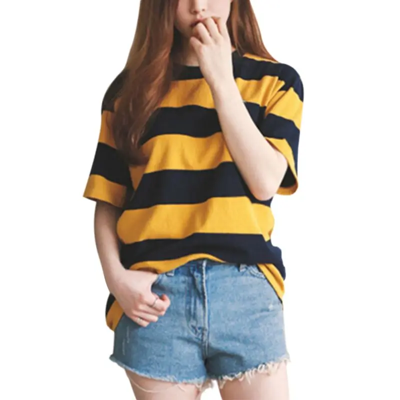 

Women's Yellow And Black Stripes Wild Short-sleeved T-shirt Slim Fit Skin-friendly O-Neck Casual Tops 8