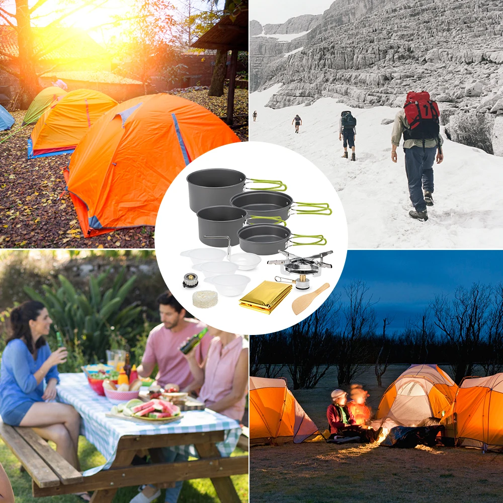 

Lightweight Aluminum Outdoor Cookware Set Cutlery Outdoor Stove Pot Pan Plastic Bowel Backpacking Camping Picnic Cookware set