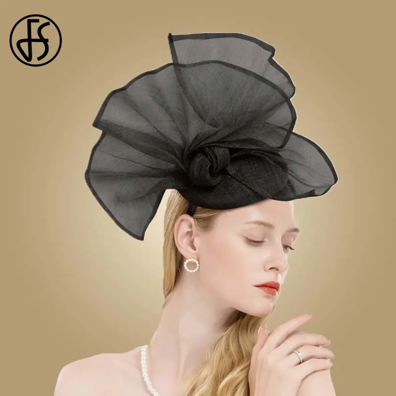 FS Вуалетка шляпы для свадьбы цветок женщин Элегантный Черный Sinamay База церковь