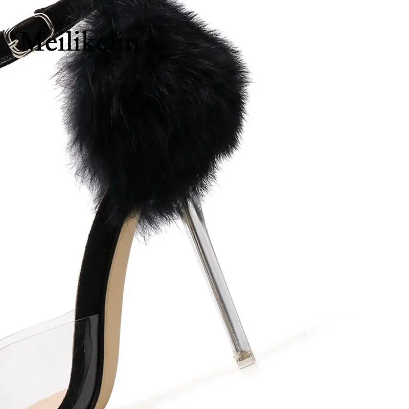 2019 women’s shoes summer sandals Fluffy pointed peep toe Crystal clear stilettos high-heels shoe Rabbit Fur Feather woman | Обувь